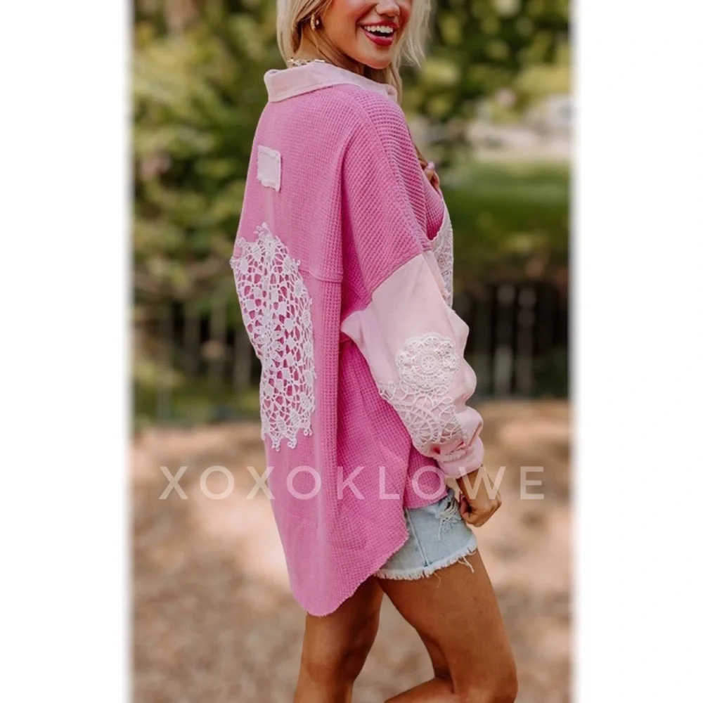 LAST ONE POL Pink Patchwork Button Down Crochet Lace Denim Oversized Fit - Picture 12 of 15
